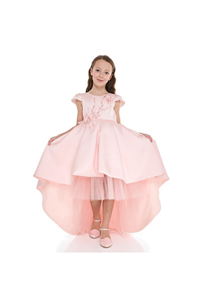Victor and Jane Peach High Low Tail Dress With Beaded Embroidery