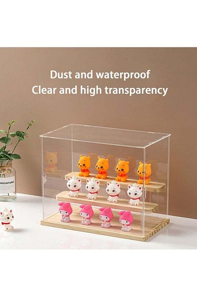 COOYA Three-Layer Display Box, Stepped, Acrylic Transparent Cover, Solid Wood Base, Suitable for Study