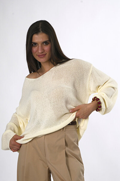 ABBRA Pulover de damă cu guler oval cu textura moale