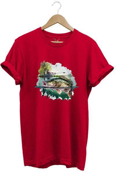 WİDİ Fishing Perch Fish and Boating Fishing with a Fishing Rod 100% Cotton Regular Fit Red T-Shirt