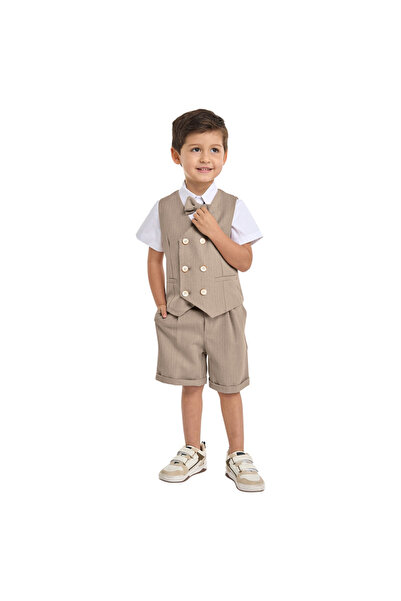 Victor and Jane Neutral/Beige Waistcoat And Short Set With Shirt And Bow Tie