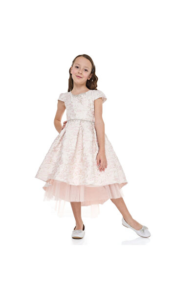 Victor and Jane فستان جاكار وردي/ذهبي بذيل مرتفع ومنخفض مع شبكة من التول