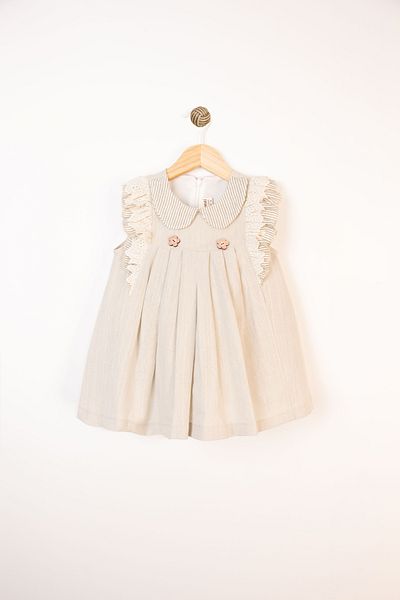 Bombili Frilly Lace Striped Collar Floral Buttoned Eid Special Occasion Baby Girl Dress