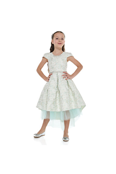 Victor and Jane فستان جاكار أخضر نعناعي/ذهبي بذيل مرتفع ومنخفض مع شبكة من التول