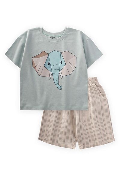 Cigit Abstract Elephant Printed T-Shirt Set 2-8 Years Mint Green