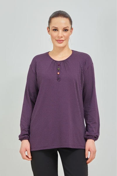 Elçelya Moda Kadın Mor Kolu Lastikli Puantiyeli Likralı Anne Penye Bluz