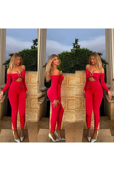 hipnoz butik Women's Stone Accessory Detailed Long Sleeve Jumpsuit (Original Visual)