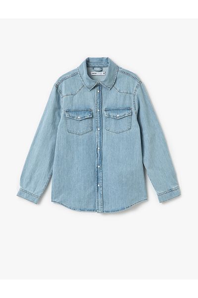 Koton New Season Cotton Buttoned Flap Pocket Detailed Long Sleeve Jean Shirt