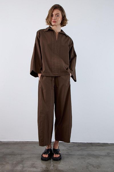 TENA Women's Brown Loose Sleeve Oversize Shirt Waist Shirred Loose Leg Trousers Set