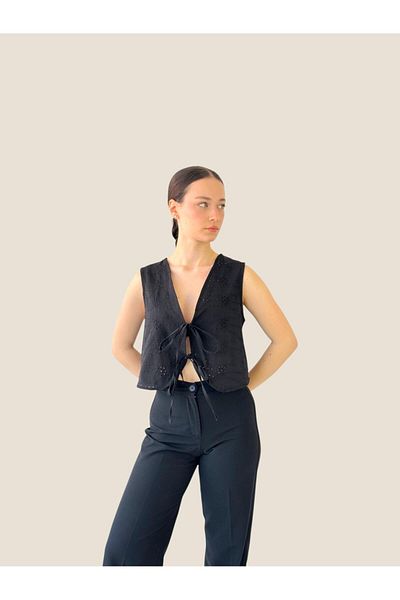 Retrobird Black Women's Top - Front Lace up Vest Blouse