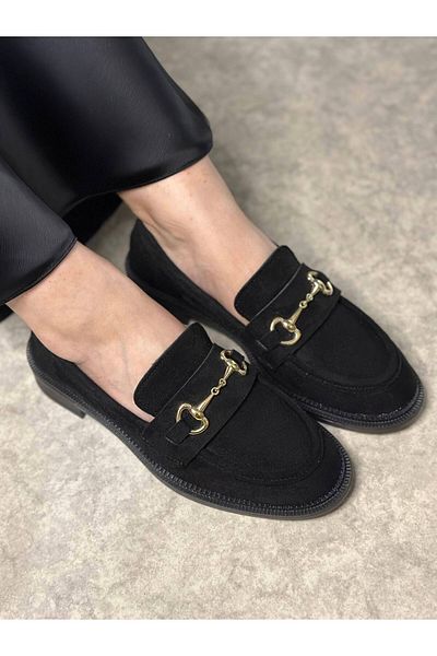 İmerShoes Mocasini de dama din piele intoarsa neagra - Mocasini cu model clasic, catarama, varf oval 120