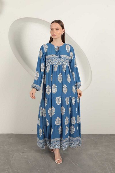 MODAMERSİ Women's Blue Tassel Detailed Viscose Fabric Ethnic Patterned Long Hijab Dress