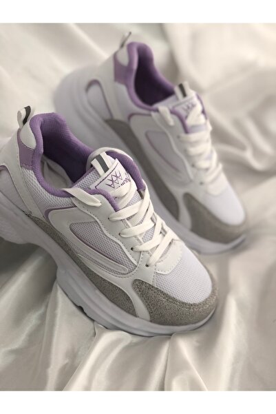 Hg Ayakkabı سيما حذاء رياضي نسائي أبيض-رمادي-ليلك 4 سم