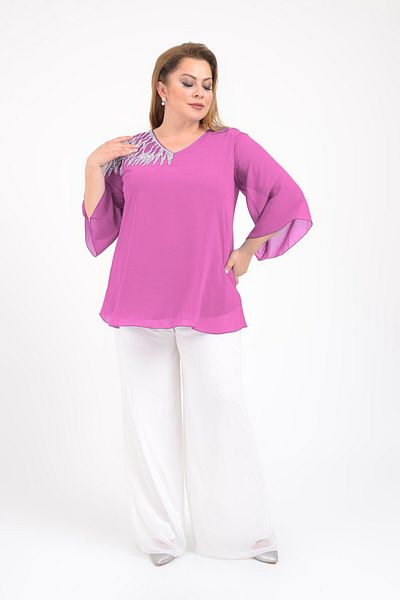 LİLAS XXL Plus Size Pink Color Chiffon V-Neck Evening Dress Blouse