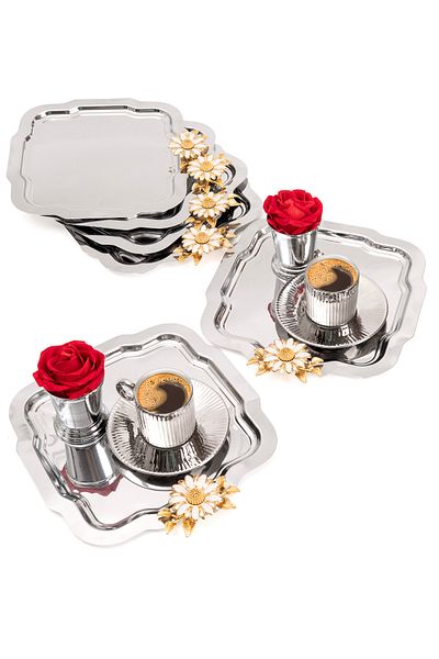 NEWTREND Züccaciye Silver Tray by Lux 6 - Stainless Steel - Green Tree Model - Coffee and Serving Presentation
