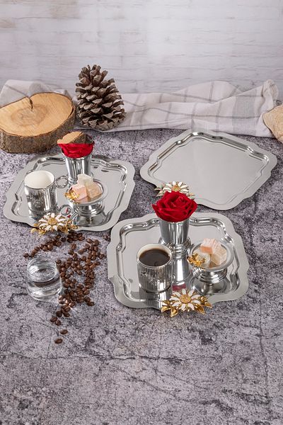 NEWTREND Züccaciye 3-Piece Luxury Silver Tray - Stainless Steel Chai, Coffee, Serving Presentation Tray with White Daisy Flowers
