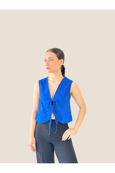 Retrobird Blue Saks Top - Bluză de damă cu șireturi în față