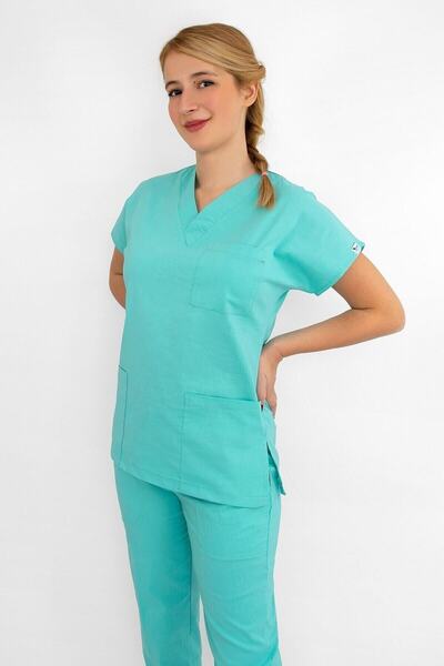 Nur Medikal Giyim Set de uniforme unisex din lycra verde turcoaz pentru asistentă medicală