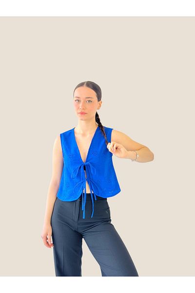Retrobird Blue Saks Top - Bluză de damă cu șireturi în față
