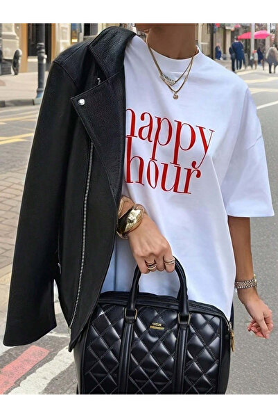 LAMASTRE Happy Hour White Printed Oversize tricou pentru femei - Bumbac impri...