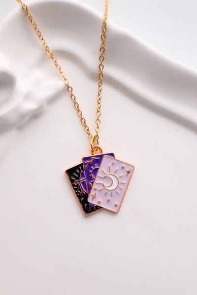 EFBUTİK Purple 3-Piece Tarot Card Imported Necklace with Gold Color Chain