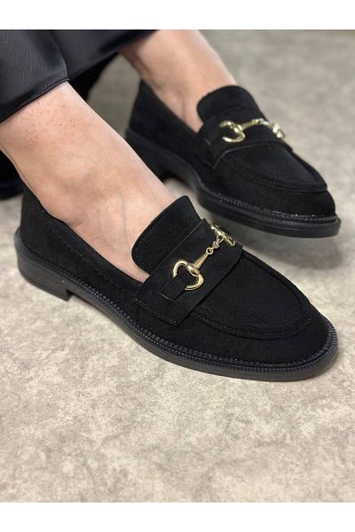 İmerShoes Mocasini de dama din piele intoarsa neagra - Mocasini cu model clasic, catarama, varf oval 120
