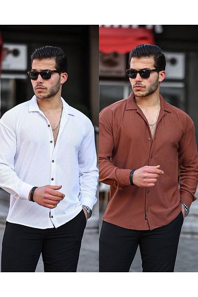 Miralbas Men's Long Sleeve Trophy Ottoman Textured Shirt White - Bitter Brown Set of Two