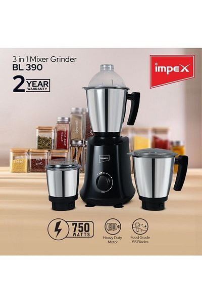 İMPEX خلاط ومطحنة 3 في 1 مع برطمانات من الفولاذ المقاوم للصدأ الثقيلة لتسييل وتجفيف وصلصة 750 وات BL390