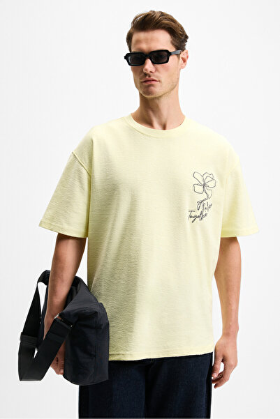 GRIMELANGE Men's Embroidery Detailed 100% Organic Cotton Yellow T-Shirt
