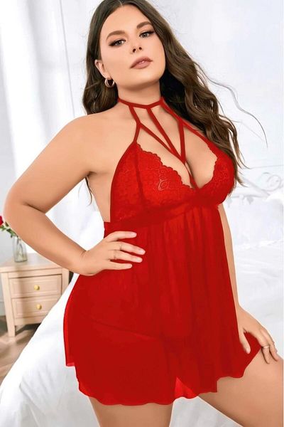 Akbeniz Women's Plus Size Fancy Nightgown Red B2027