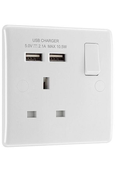 BG NEXUS BG Electrical 821U2 Single 13 Amp Switched Power Socket with Two USB Charging Ports, 10.5 W, White