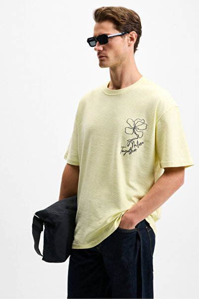 GRIMELANGE Men's Embroidery Detailed 100% Organic Cotton Yellow T-Shirt