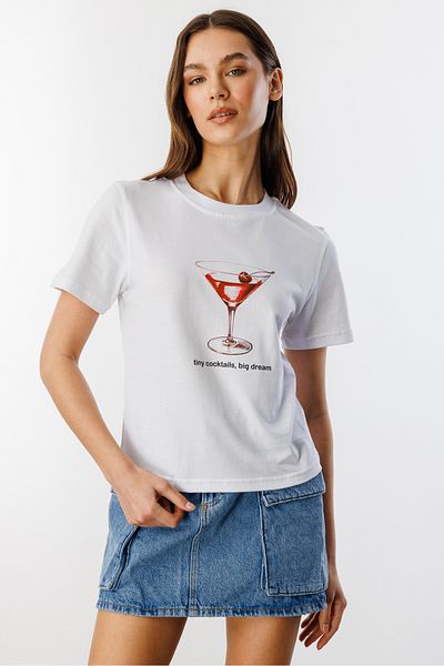 GENIUS STORE Tricou crop cu mânecă scurtă din bumbac organic cu decolteu rotund pentru femei COCKTAIL-T-SHIRT
