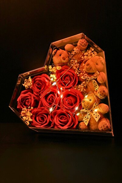 BURDANEVE Arkadaşa / Sevgiliye Kalpli Kutuda Ayıcıklı Gül Işıklı Hediyelik