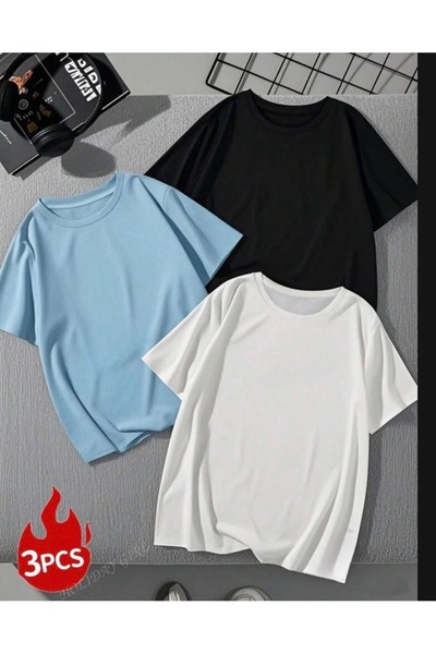 BYMEER Σετ 3 Baby Blue White Μαύρο απλό μπλουζάκι