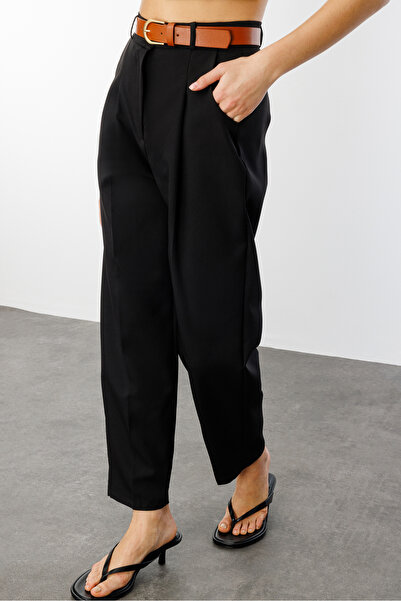 GENIUS STORE Pantaloni de damă cu picior îngust plisat cu centură din țesătură sezonieră CU CUREA-PANTALONI