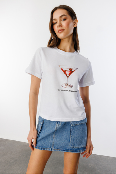 GENIUS STORE Γυναικείο μπλουζάκι με μοτίβο κοκτέιλ με κοντό μανίκι από οργανικό βαμβάκι Crew λαιμόκοψη Crop T-shirt COCKTAIL-T-SHIRT