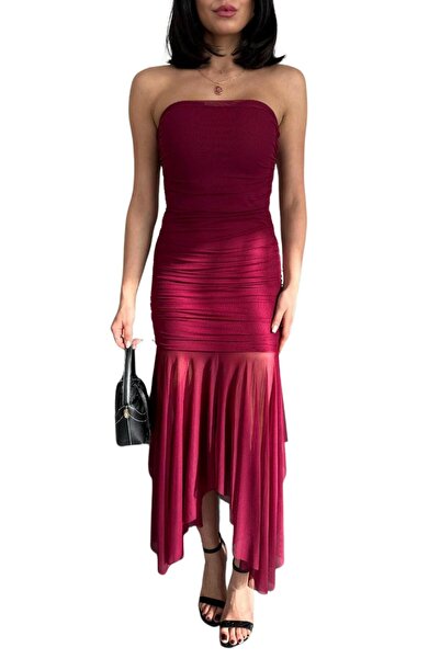 Moda Amore فستان سهرة نسائي - تصميم بدون حمالات مع تفاصيل من التول، مقاس متوسط ​​096