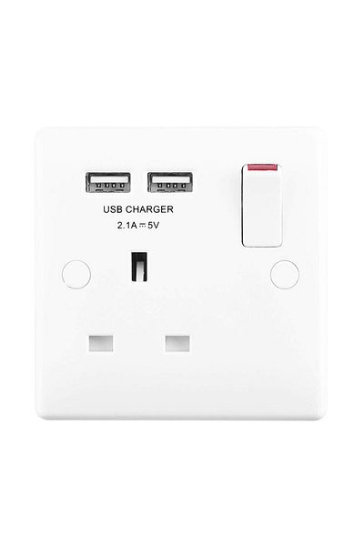 BG NEXUS BG Electrical 821U2 Single 13 Amp Switched Power Socket with Two USB Charging Ports, 10.5 W, White