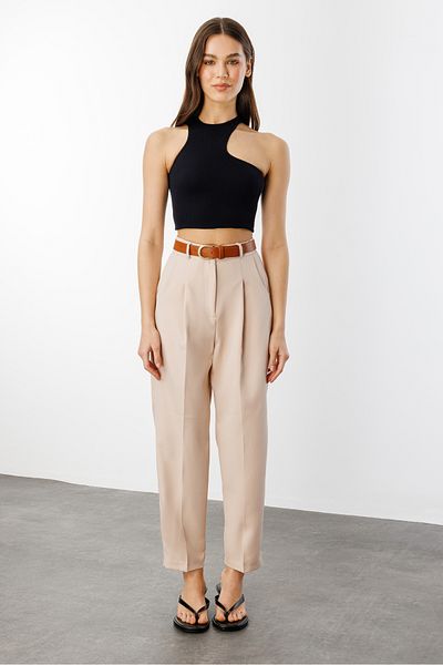 GENIUS STORE Women's Slim Leg Pleated Belted Seasonal Fabric Trousers with Belt-Pants