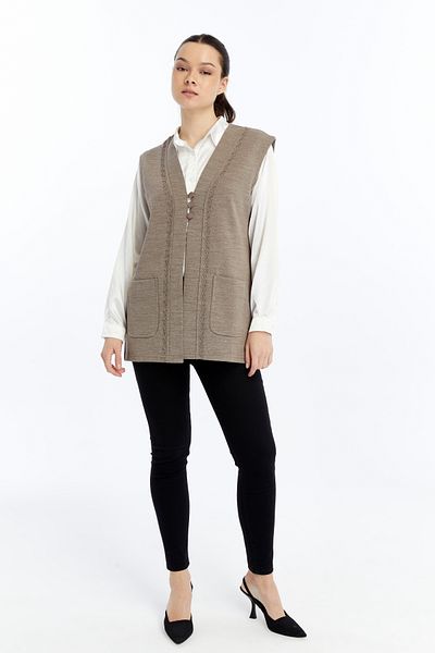 larocci Women's Standard V-Neck Curled Edge Embroidered Mother Vest with Pockets