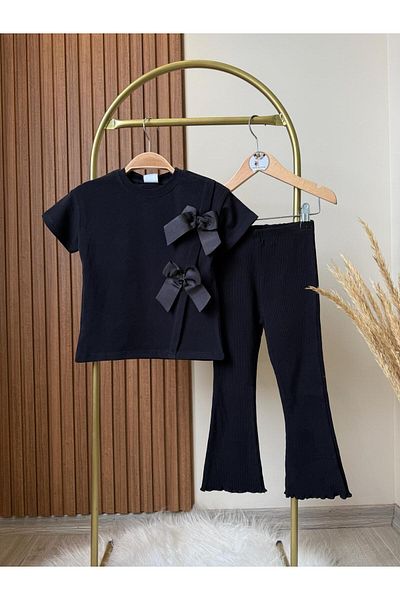 Magu Girl's Cotton Black Ribbon Detailed T-Shirt and Corduroy Trousers Set Stylish Casual Combination