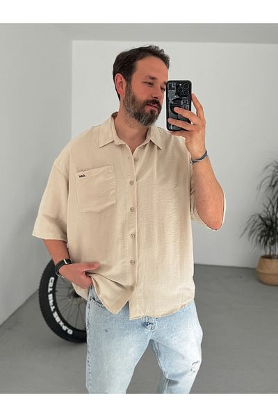 BYBASICMAN Beige Short Sleeve Pocket Cotton Shirt C-1695