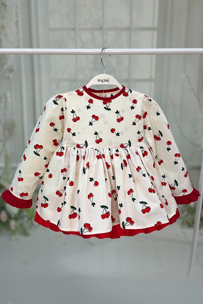 Bertuğ Bebek Cherry Pattern Girl's Baby Cotton Red and White Dress