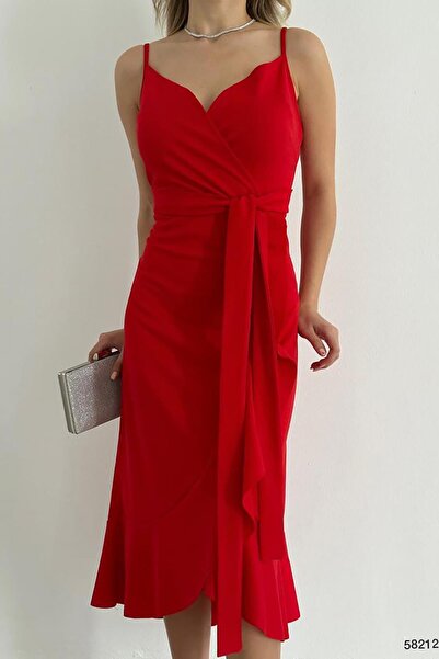 Deafox Red Flounced Midi öves ruha