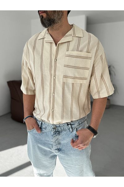 BYBASICMAN Beige Knitted Striped Linen Shirt Jj-265