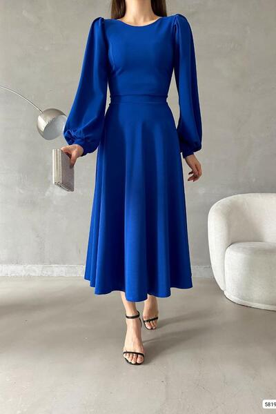 Deafox Saks Blue Balloon Sleeve Crew Neck Basic Midi Size Imported Crepe Fabric φόρεμα