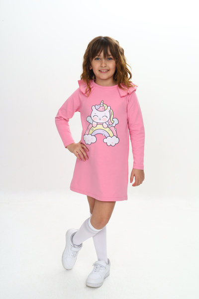 Sevimli Kız Çocuk Elbise Unicorn Baskılı Uzun Kollu