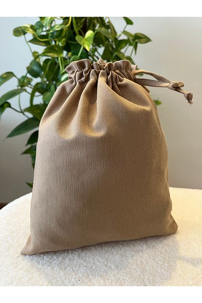 MEKİK BUTİK Beige Linen Cloth Pouch - Drawstring Bag Organizer - Makeup Bag - 20X25