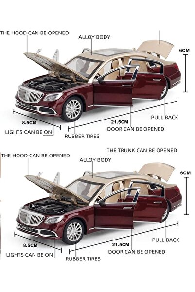 OYUNCAKSAHİLİ Mercedes Benz S600 Maybach Tarz Araba Dıecast 1.24 Koleksiyon Metal 6 Kapı Bagaj Kaput Gold Red